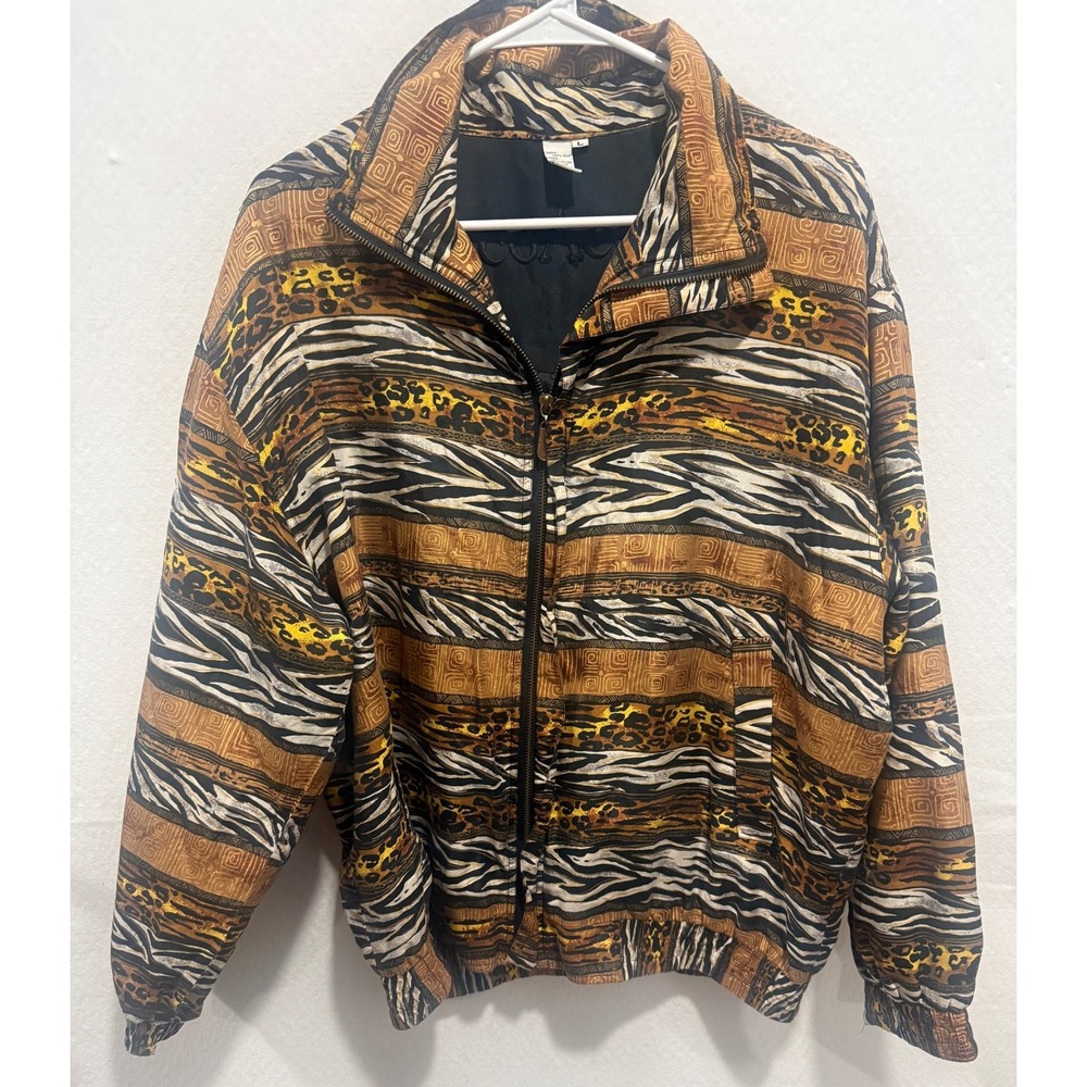 CoACo Vintage Animal Print Bomber Jacket Zebra Leopard Brown Large